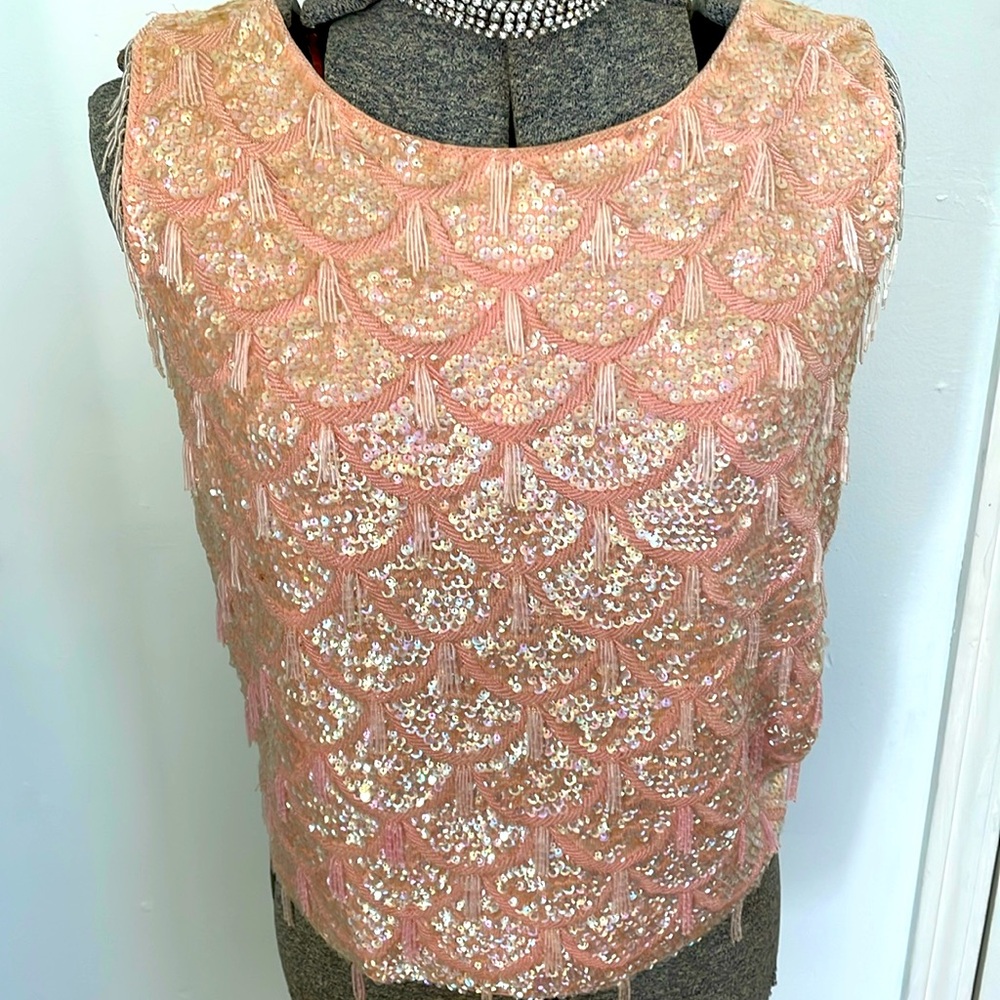 Vintage beaded sequin women’s top, pink, size large